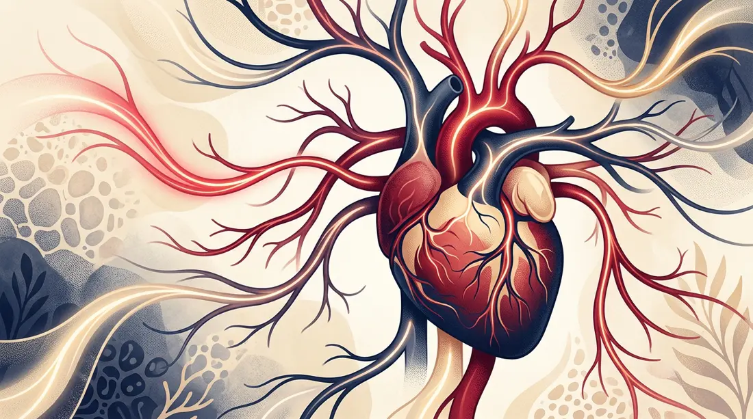 Illustration of a healthy human heart with relaxed, flexible blood vessels and smooth circulation