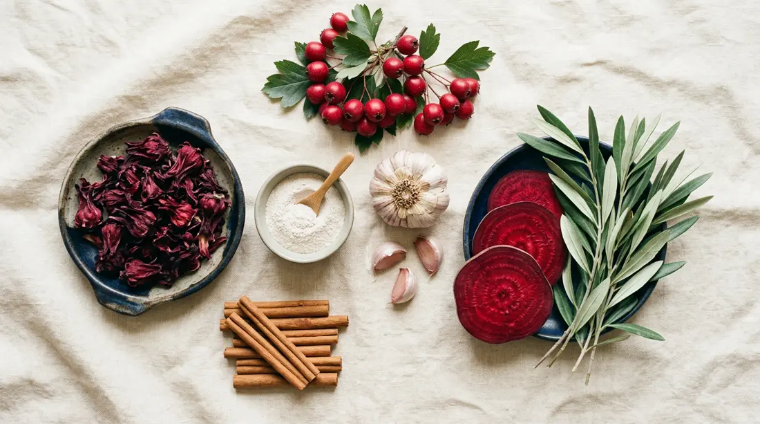 Natural heart-support botanicals: hawthorn berries, hibiscus, garlic, beetroot, olive leaf, cinnamon and magnesium powder