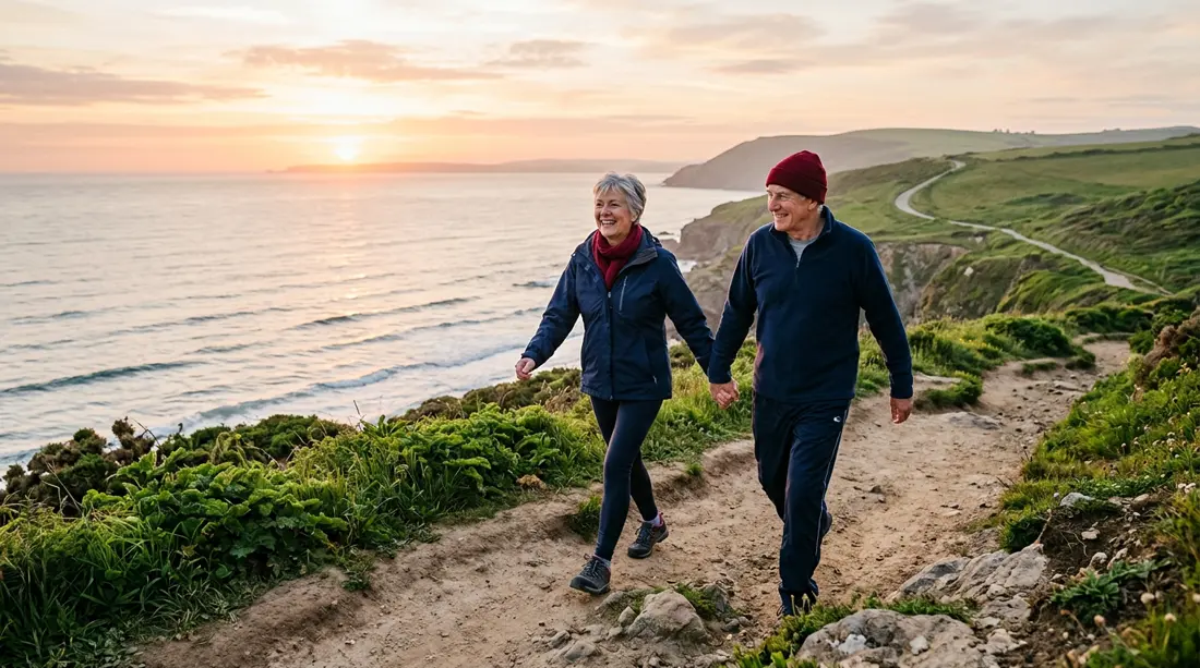 Active older couple walking along a coastal path at sunrise