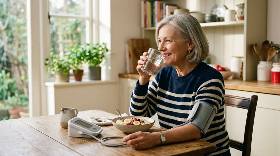 Adult sitting at a sunny kitchen table with a glass of water and a home blood pressure monitor